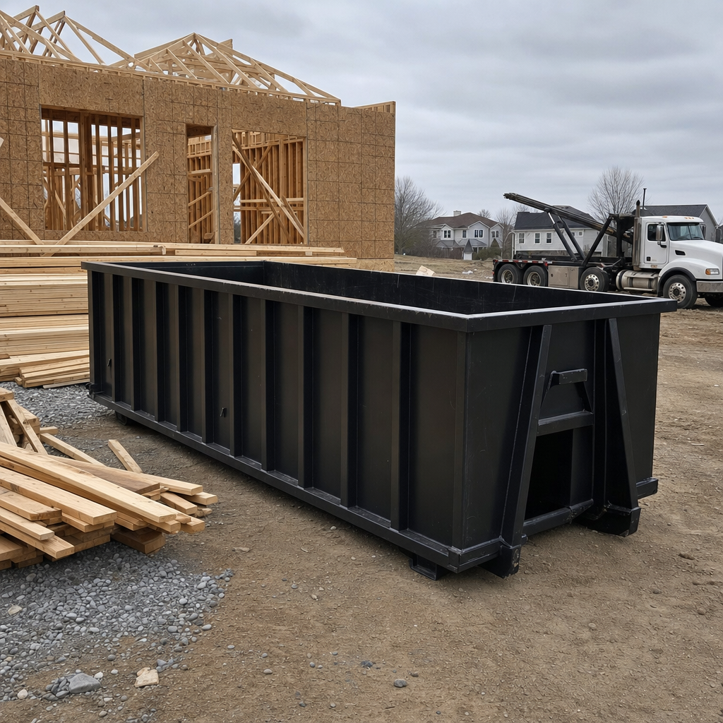 Matte-black 40-yard roll-off dumpster staged on a framed-out residential construction site in Syracuse, framing lumber stacked nearby, hooklift delivery truck visible in the background under bright Colorado daylight