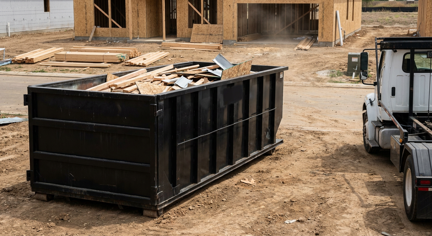 Matte-black 20-yard roll-off construction dumpster with heavy ribbed steel sidewalls and swing rear doors at a working jobsite in Syracuse, sitting directly on compacted dirt with an unmarked white hauler partially visible at the far edge of the frame.
