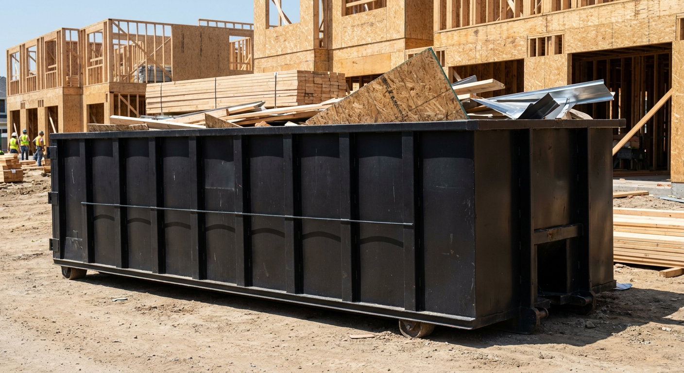 Matte-black 40-yard roll-off construction dumpster being lowered from a white-cab hooklift delivery truck onto the compacted-dirt jobsite at a commercial build site in Syracuse