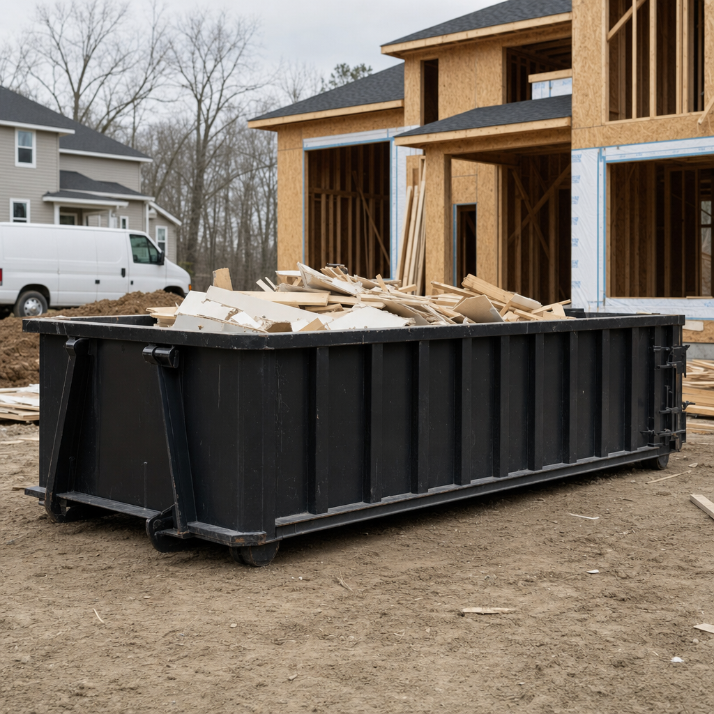Worker in a yellow high-visibility vest tossing framing lumber and broken drywall into a matte-black 30-yard construction roll-off dumpster on an active build site in Syracuse, bright daylight