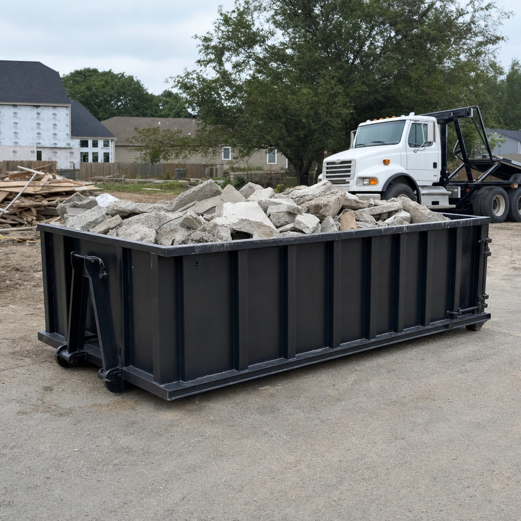 Low-profile matte-black lowboy roll-off dumpster loaded with broken concrete slab and rebar at a foundation tear-out in Syracuse, skid steer parked beside it, sunny Colorado morning
