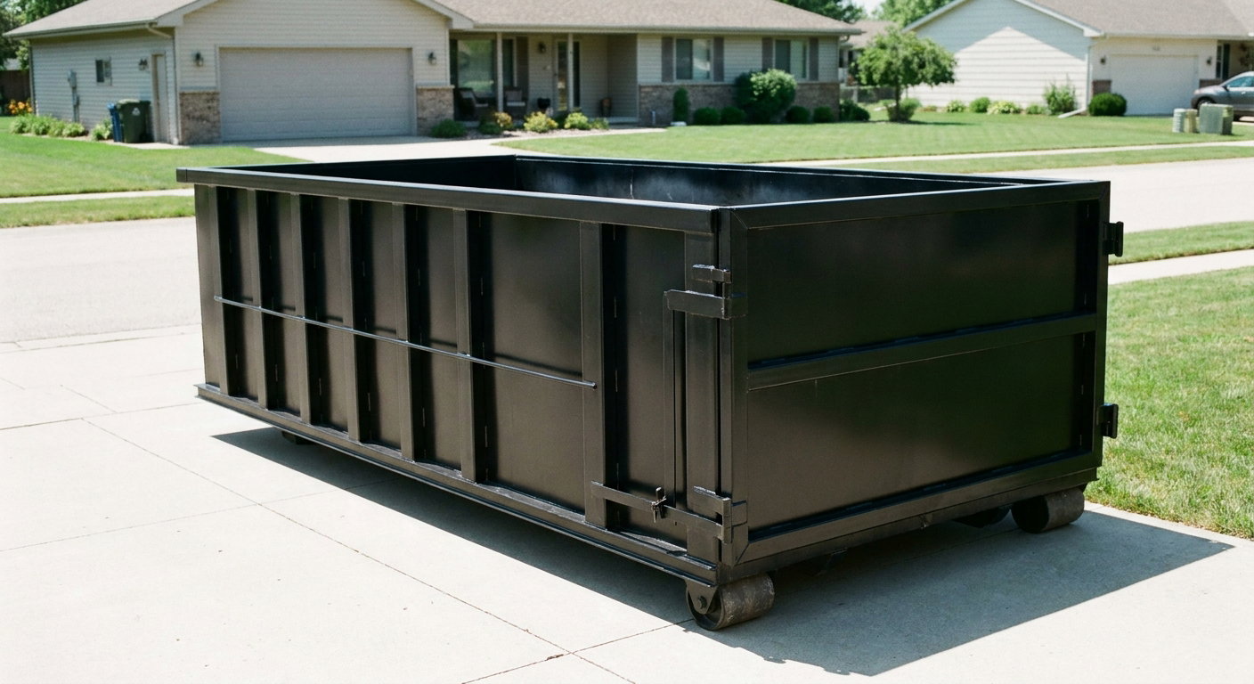 Matte-black 10-yard roll-off dumpster on a residential concrete driveway in Syracuse, uniformly painted matte black across every panel and rail, ribbed steel sidewalls and rear swing door visible, mid-day daylight.