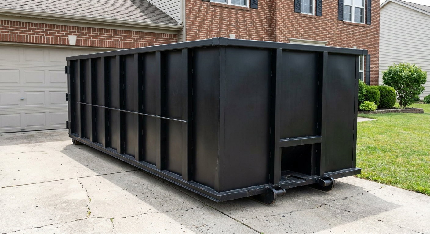 Matte-black 20-yard roll-off container on a Syracuse residential concrete driveway with reinforced ribbed steel sidewalls and a hinged rear walk-in door, clean bright daylight.