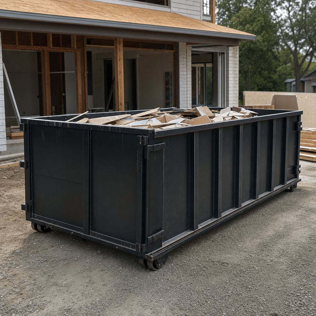 Large matte-black 30-yard construction roll-off dumpster at an active Syracuse jobsite, steel-gray top rails and bottom rollers visible, loaded with construction debris.