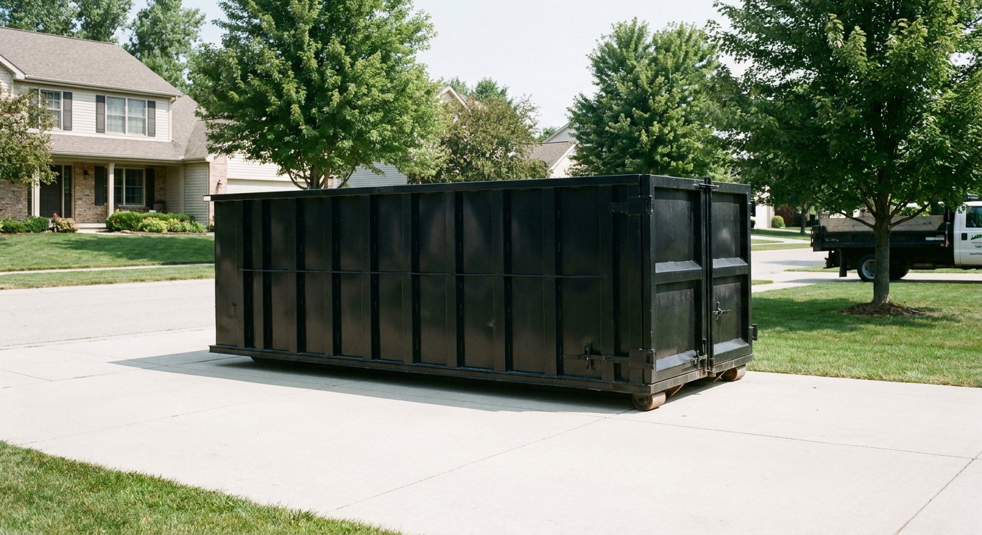 Matte-black 20-yard roll-off dumpster sitting level on a clean Syracuse residential concrete driveway under bright daylight, demonstrating clean placement directly on the concrete.