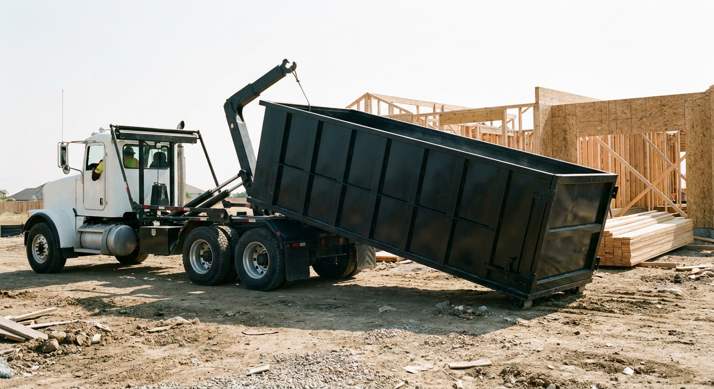 Matte-black roll-off dumpster being delivered onto a clean residential concrete driveway in Syracuse by an unmarked white hooklift hauler truck, bright morning daylight, documentary 35mm perspective.