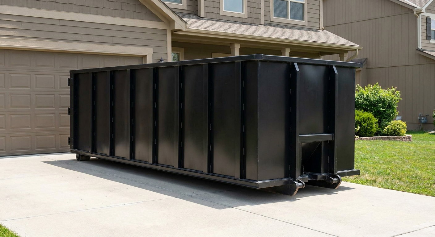 Matte-black residential roll-off dumpster sitting directly on a suburban Syracuse concrete driveway, garage door closed, single-family home in background, bright morning daylight.