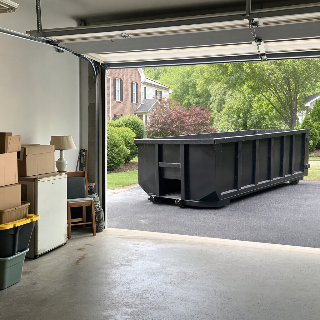 Open garage interior in a Syracuse home mid-cleanout — boxed items, an old appliance, and stacked yard tools queued near the driveway for a matte-black roll-off dumpster, organized and calm