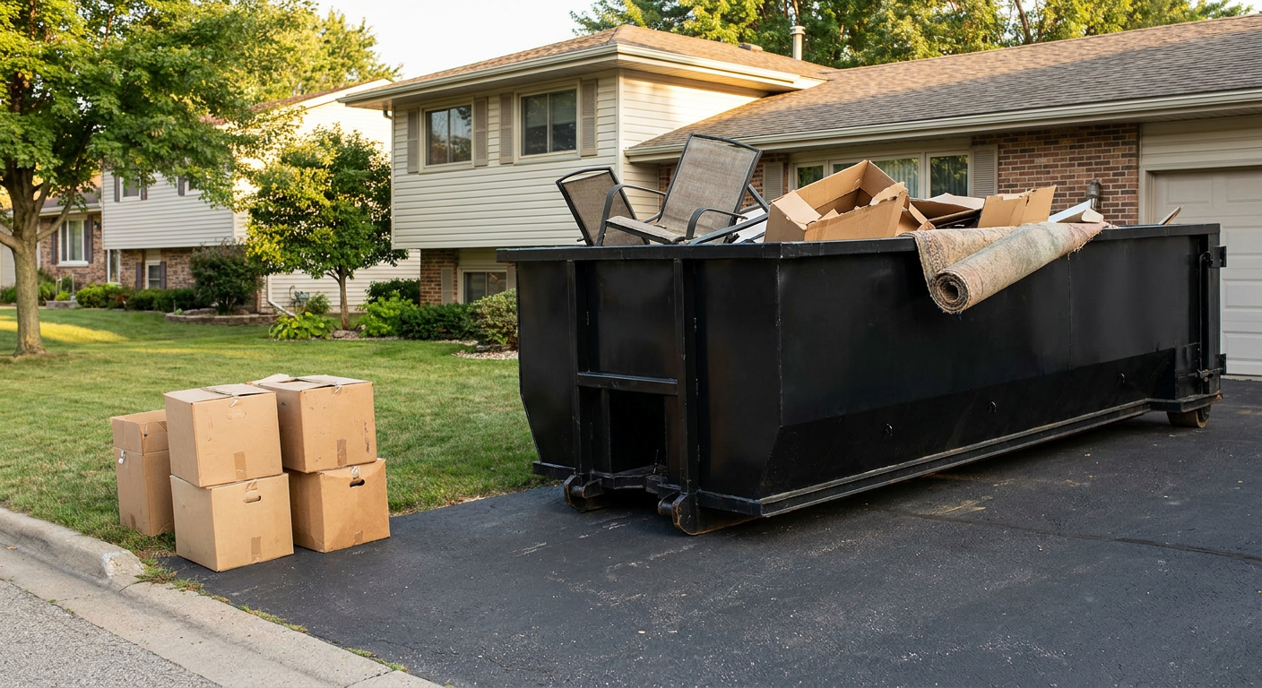 Front-yard view of a Syracuse split-level home with a 20-yard matte-black roll-off dumpster sitting directly on the asphalt driveway, a few clearly labeled donation boxes staged at the curb, calm sunny afternoon.