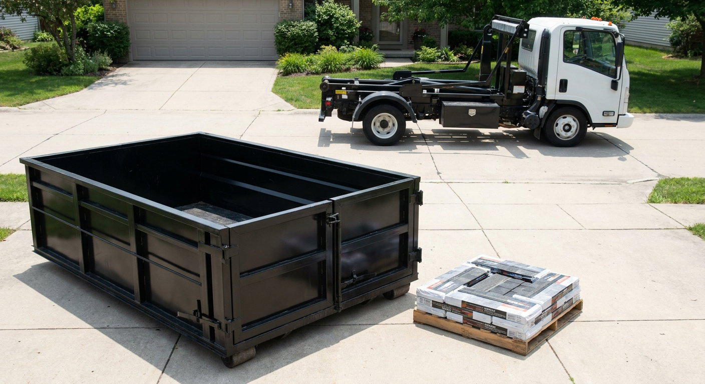 Matte-black 15-yard roofing roll-off dumpster with reinforced low side walls sitting directly on a Syracuse residential concrete driveway, three-tab asphalt shingle bundles stacked nearby, an unmarked white hauler truck partially visible at the edge of the frame.