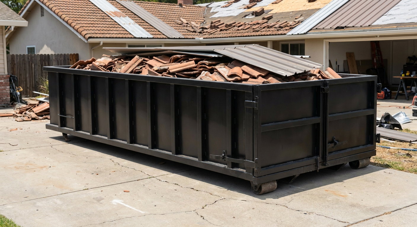 Matte-black low-wall heavy-debris roofing roll-off dumpster sitting directly on a Syracuse concrete driveway, broken concrete clay roof tiles and metal panel sections loaded inside, reinforced ribbed steel side walls visible, bright outdoor daylight.