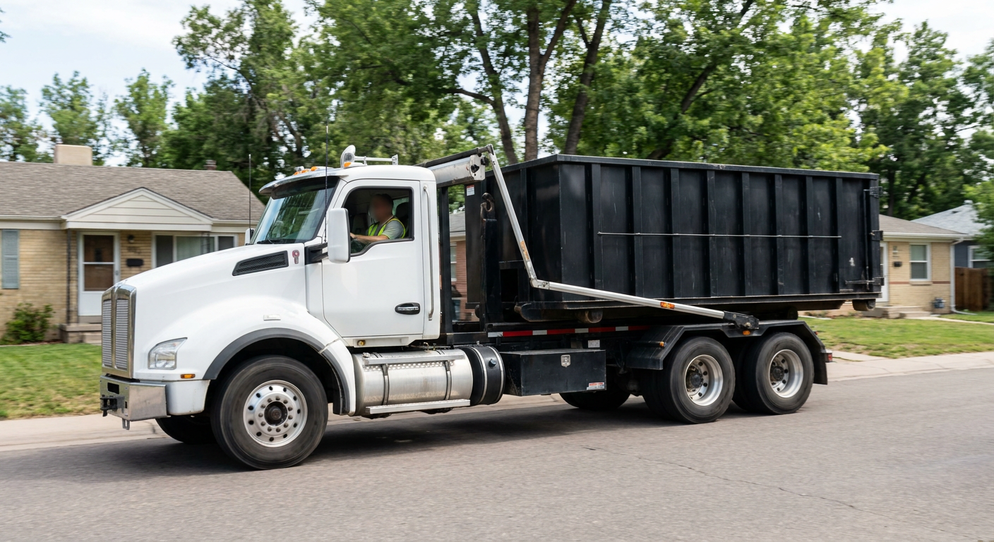 A wide documentary shot of a matte-black roll-off delivery truck pulling onto a quiet Syracuse residential street at mid-morning, with neighborhood rooftops and tree-lined blocks visible behind, showing the metro coverage footprint.