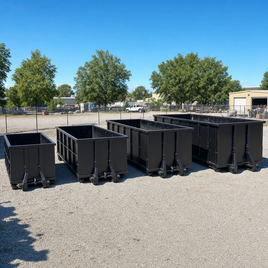 A clean lineup of matte-black roll-off dumpsters in 10, 20, 30, and 40-yard sizes staged on a sunlit gravel yard in Syracuse, showing the size progression from compact to commercial-scale containers.