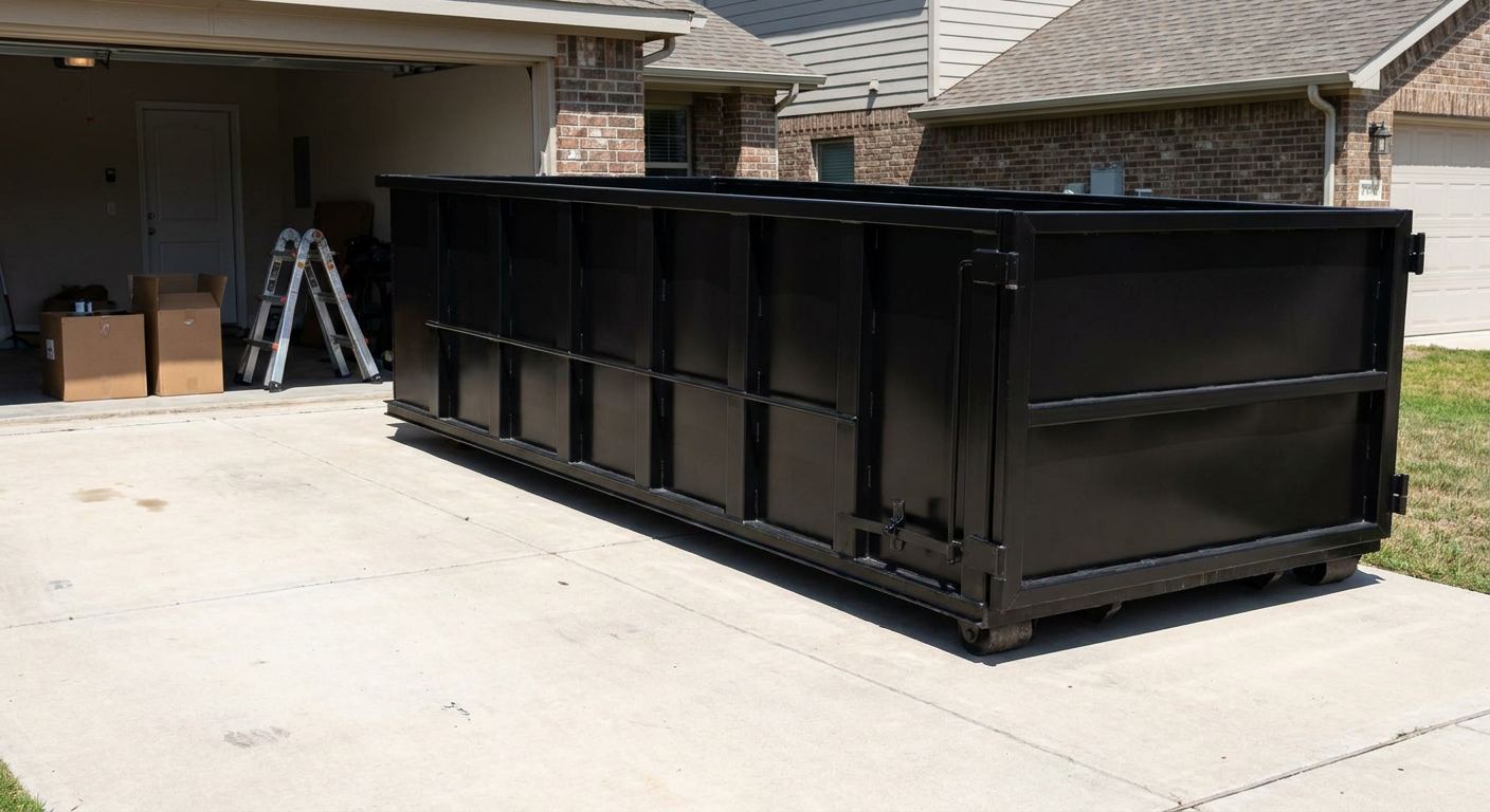 A matte-black 10-yard roll-off dumpster sitting directly on a residential Syracuse concrete driveway, mid-day sunlight, clean and ready for a garage cleanout.