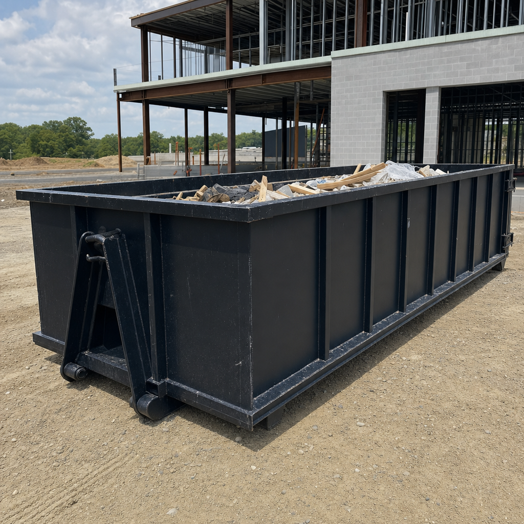A matte-black 40-yard roll-off dumpster staged on a large Syracuse commercial construction lot, with a hooklift delivery truck parked alongside under bright midday sky.