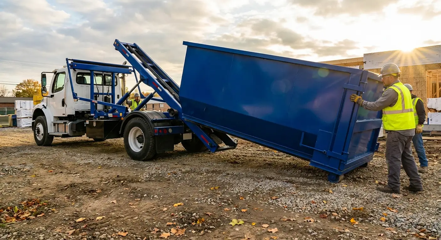 Construction dumpster delivery truck at job site in Syracuse, NY