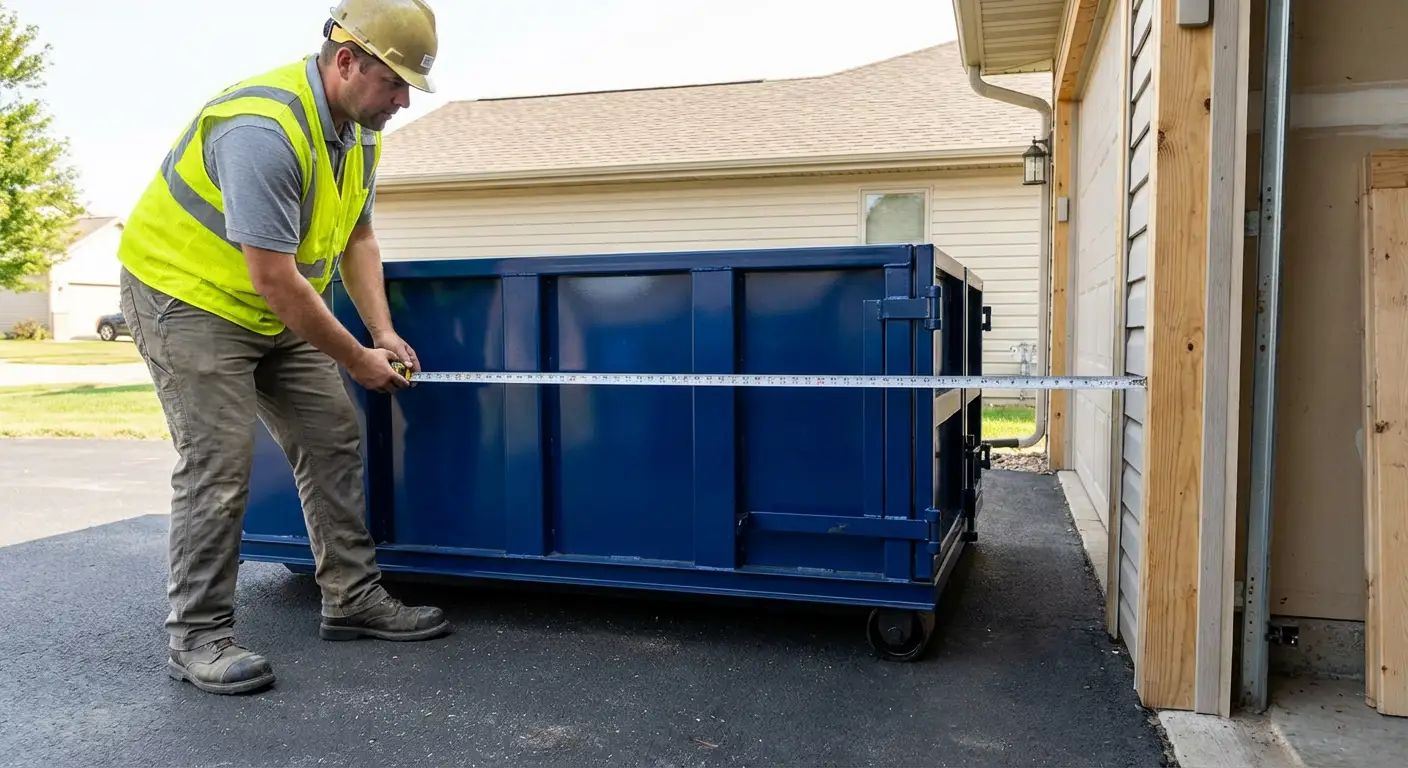 Site assessment for dumpster placement showing clearance requirements in Syracuse, NY
