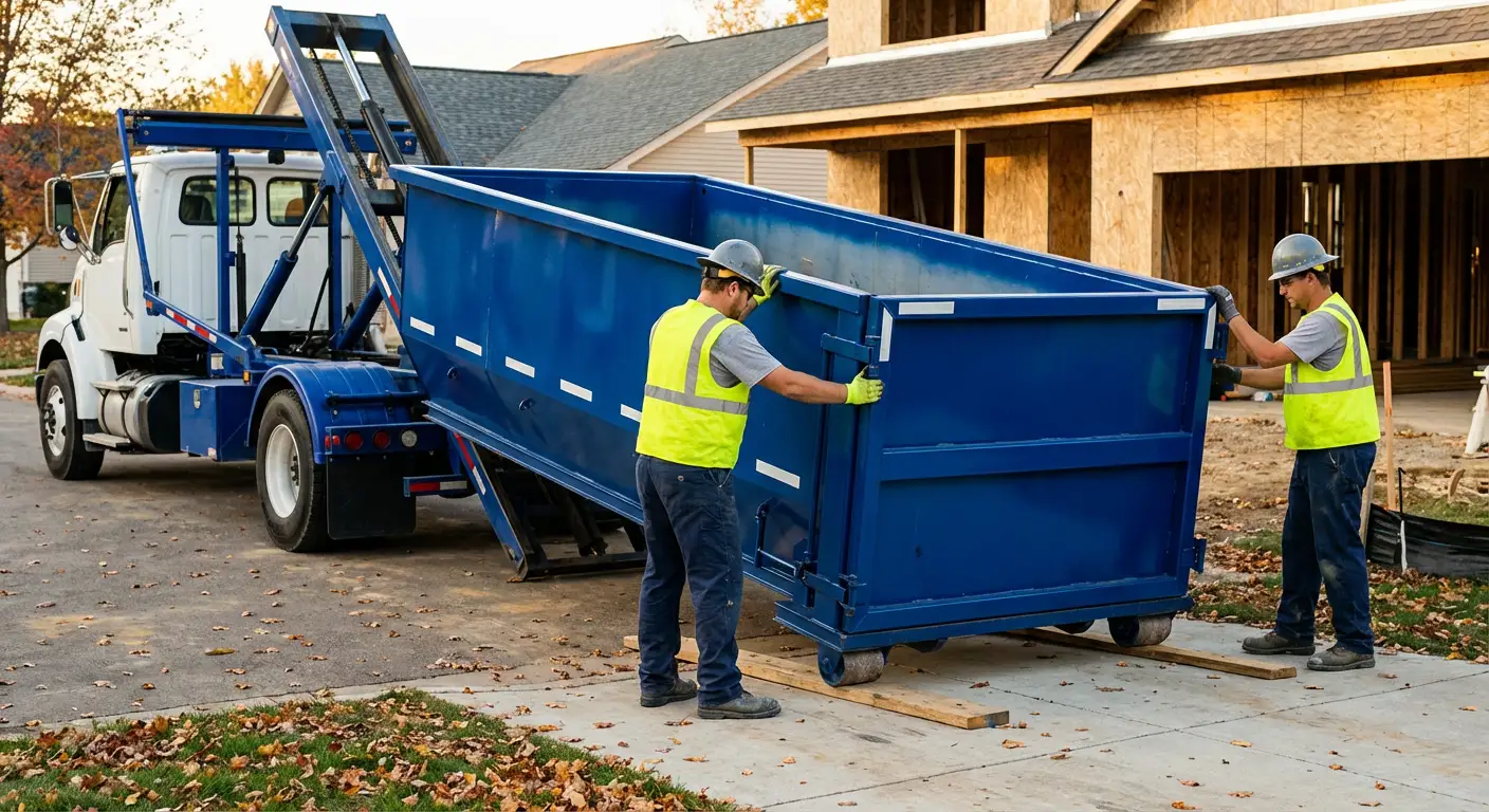 Roll-off dumpster delivery truck in residential area in Syracuse, NY