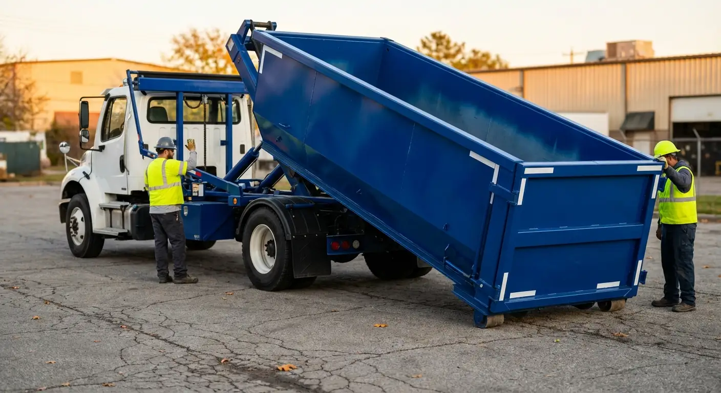 Roll-off dumpster rental truck protecting driveway surfaces in Syracuse, NY