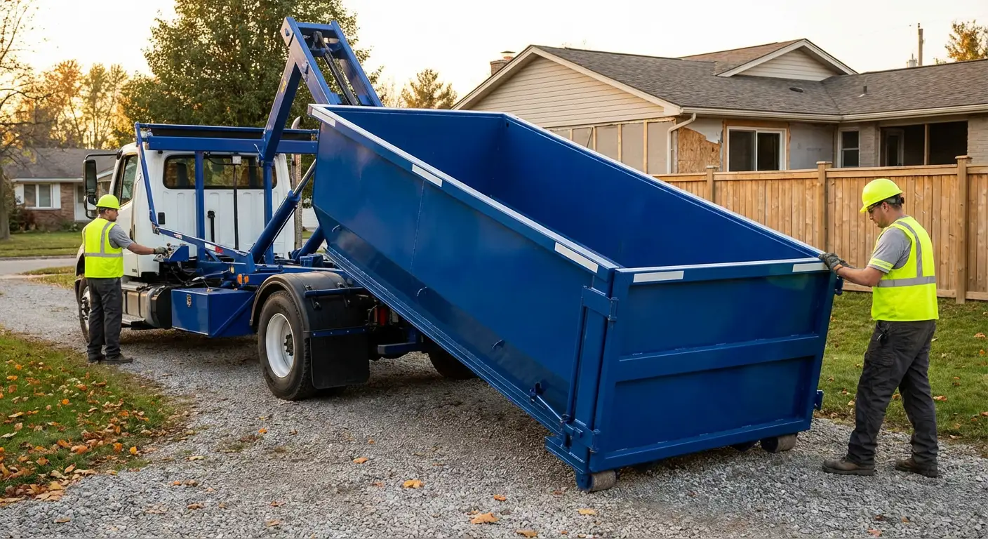 Roll-off dumpster rental delivery truck in Syracuse, NY